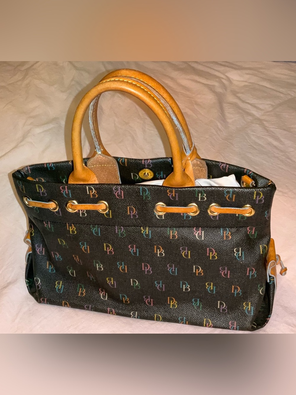 Dooney & Bourke Monogram Tote in Black & tan leather - Picture 2 of 5